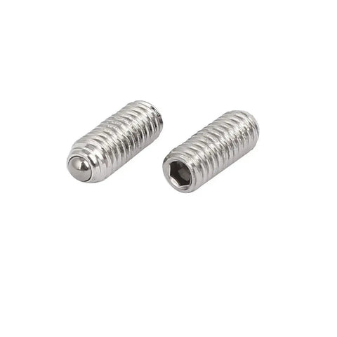 Top Shelf 304 Stainless Steel M4 X 10mm Ball Point Grub Set Screws With Hex Socket Drive, two screws, silver finish.