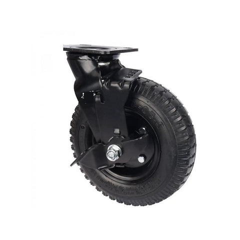 Heavy Duty 8 Inch Pneumatic Rubber Swivel Caster Featuring Rock Solid Side Brake Lock, black steel mount with rubber tire.