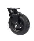 Easy Breezy Eight Inch Pneumatic Rubber Wheel With Side Brake And Flanged Track Caster angled view showing black rubber tire and mounting plate