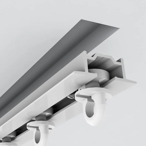 Hidden Ceiling Curtain Track System With Silent Rollers Custom Size White Ceiling Mounted Curtain Rod For Living Room Bedroom Shower Room Room Divider Use No Fuss Install Kit Included, white ceiling track close-up