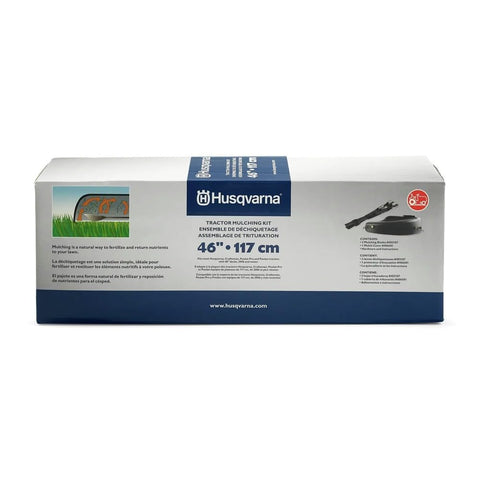 46 Inch Mulch Kit For Lawn Tractors And Zero Turn Mowers With Mulch Plate With Two Blades And Mounting Hardware Black Converts Deck To Mulching And Returns Nutrients To Your Lawn While Cutting Down On Raking box packaging
