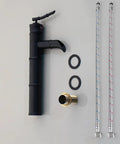 Matte Black Ceramic Vessel Sink With Deck Mounted Waterfall Faucet set, bamboo style brass mixer tap with accessories