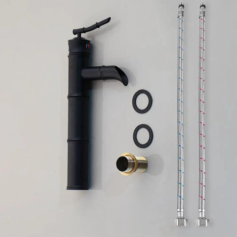 Matte Black Ceramic Vessel Sink With Deck Mounted Waterfall Faucet set, bamboo style brass mixer tap with accessories