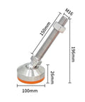 Rock Solid Adjustable Leveling Feet Featuring Straight Up Heavy Duty 304 Stainless Steel Universal Cup Mounts Built Tough For Shop Benches And Cabinets Kills Vibration On Uneven Floors Quick Grip M20 X 100mm Base dimensions showing M16 bolt, height of 196mm.