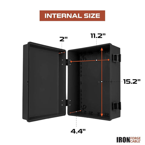 Alt Tag: Open view of Extra Large Waterproof Outdoor Junction Box With Hinged Panel Cover showing internal dimensions.