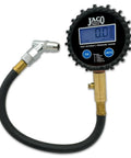 JACO ElitePro digital tire pressure gauge with black dial, rubber hose, brass fittings