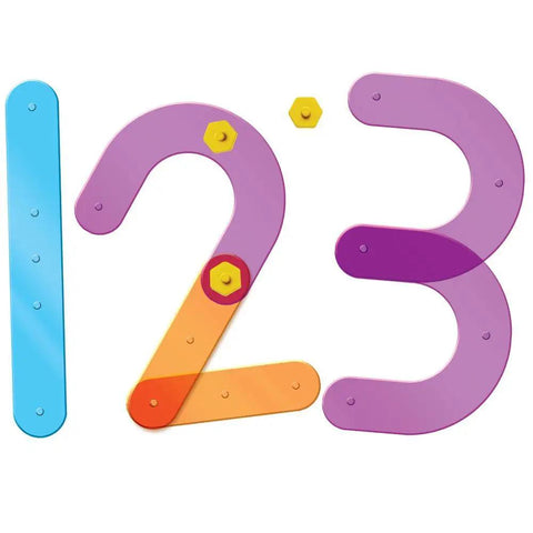 Number Construction Kit For Kids 3 Plus With 55 Pieces, Snap Together Color Coded Numbers 0 Through 9 showing 1, 2, 3 assembled