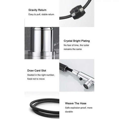 GAZOGJ Pullout Kitchen Faucet with Button Switch Flexible Hose and Modern Mixer Tap - Easy Installation Stylish Design for Home and Commercial Use,Ivory features close-up of hose weave, bright plating, and gravity return design.