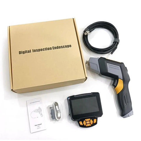 Real Deal 1080P Borescope Camera With Blinding LED Flash And Hella Sharp 4.3 Inch IPS Screen alongside inspection kit components.