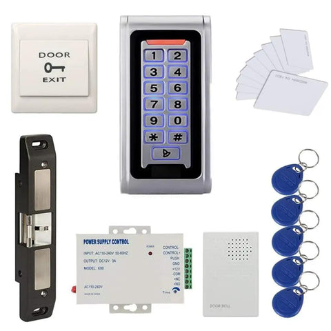 Waterproof Metal RFID PIN Code Door Security Access Control System Kit With Push Bar Strike Lock 110V 240V Power Supply Exit Button RFID Cards Key Fobs Wiegand 26 Ready To Roll components, including keypad and strike lock.