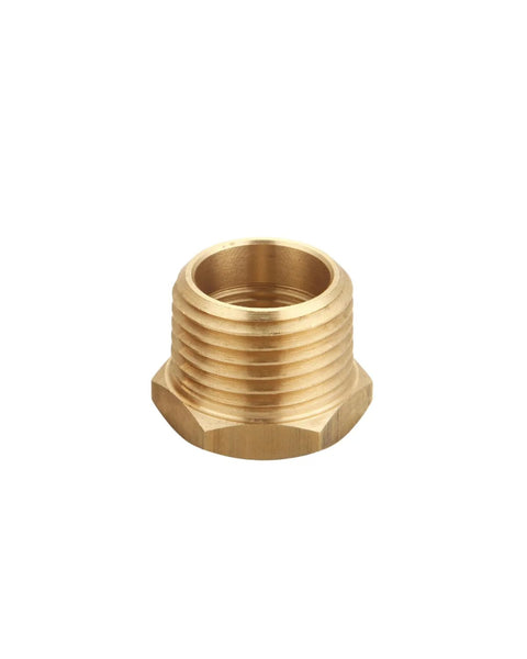 Brass NPT reducer bushing, 3/4 in male to 1/2 in female, hexagonal body