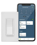 Decora Smart Switch No Neutral Needed 3 Way DN15S-2RW With MLWSB Wi-Fi Bridge next to smartphone app screen