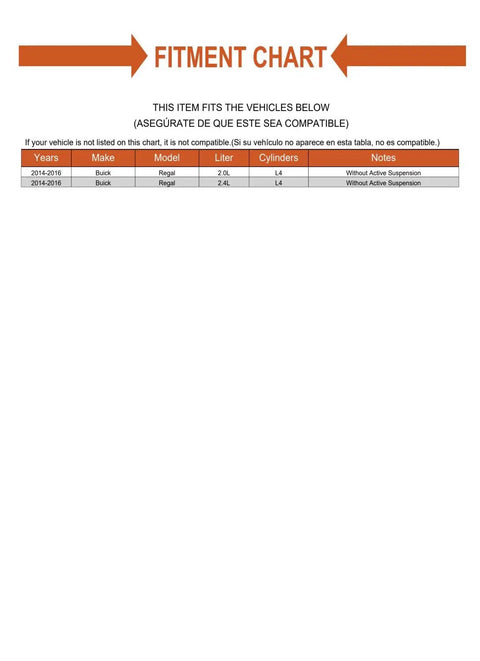 Fitment chart for Top Shelf Rear Suspension Upper Shock Mounts Pair For Buick Regal 2014 To 2016 without active suspension.