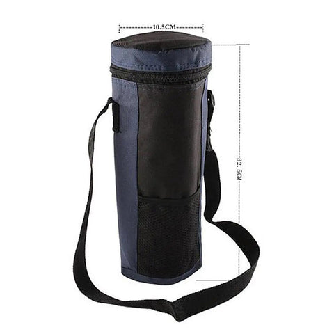 Top Shelf 2 Liter Oxford Insulated Cooler Bag With Long Grip Lightweight Bottle And Can Hauler Grab And Go Drink Carrier Perfect For Camping Beach Or Tailgate Vibes Blue, vertical view with strap and measurements.