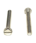 M4 X 25 Millimeter Slotted Cheese Head Machine Screws Milled From Top Shelf A2 Stainless Steel, side view of two screws.