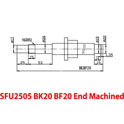 Diagram of SFU2505 BK20 BF20 end machined layout for Beefy SFU2505 Ball Screw 25mm Diameter 5mm Pitch Lead CNC Machines