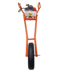 Kebayuneth 63CC 2-stroke hole digger on orange hand-pushed cart with single wheel, front view
