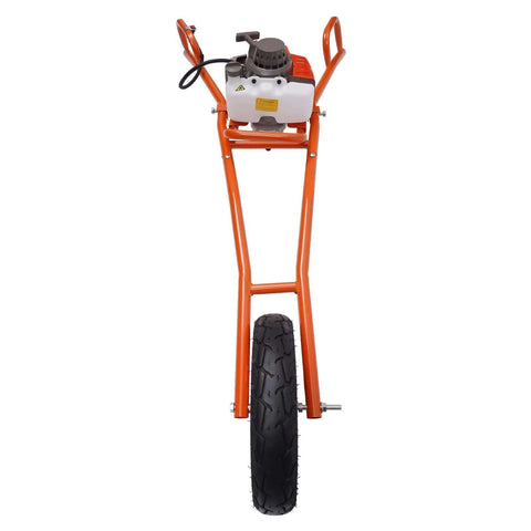 Kebayuneth 63CC 2-stroke hole digger on orange hand-pushed cart with single wheel, front view