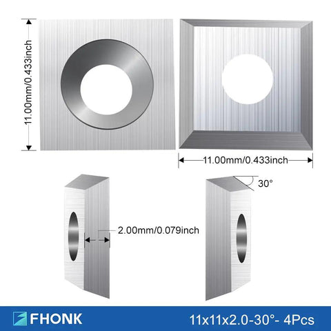 34 Piece Tungsten Carbide Insert Set For Wood Lathe Turning Tools With Various Shapes Round Square Diamond And Includes Screws And Screwdriver For Woodworking Gearheads And Pros And Great For Shop Or Workshop Projects showing square insert dimensions 11mm x 11mm x 2mm with 30-degree angle.