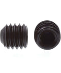 Two black oxide coated steel headless socket set screws, ten thirty two by three sixteenths inch, Allen drive view