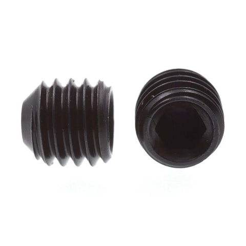 Two black oxide coated steel headless socket set screws, ten thirty two by three sixteenths inch, Allen drive view