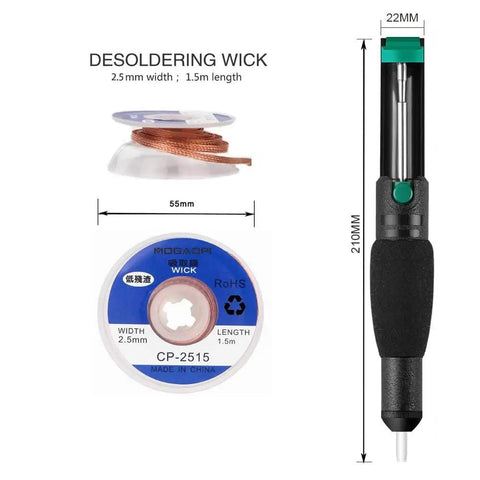 4 In 1 Desoldering Kit For DIY Electronics With Vacuum Pump, Spare Nozzle, Solder Wick And Desoldering Braid, High Temperature Silicone Tube 15cm, Solder Removal Tool For Electronics Repair And PCB Kits, showing solder wick dimensions and vacuum pump.