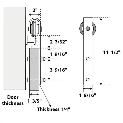 Technical drawing of track kit for Interior Sliding Barn Door No Glass Solid Wood Black Finish 42x96 Inches Dope Modern Style