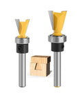 Game Changing Dovetail Router Bit With Precision Stepped Rabbet Design For Slick Woodworking Joints And Snappy Dust Clear Out Heavy Duty Shop Ready Tool set shown with yellow cutting heads and wooden joint piece.