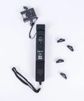 TFI-35 Pro Grade Optical Fiber Identifier with 4 adapters for bare fiber, patch cords, and ribbon fiber. Black, handheld device.