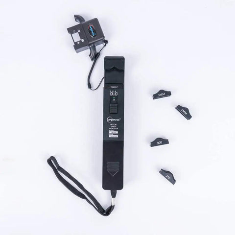 TFI-35 Pro Grade Optical Fiber Identifier with 4 adapters for bare fiber, patch cords, and ribbon fiber. Black, handheld device.