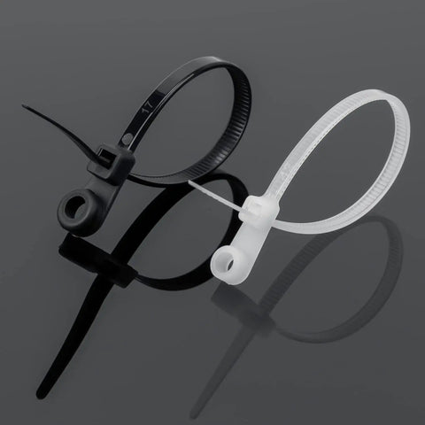 Tough As Nails Heavy Duty Zip Ties With Mounting Head And Screw Hole, 7.5 Inch, black and white nylon cable ties on grey background