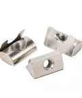 High Strength M5 Roll In Spring T Nuts With Spring Sheet For 4040 Aluminum Profile Slot, Nickel Plated Carbon Steel fasteners in three angles.