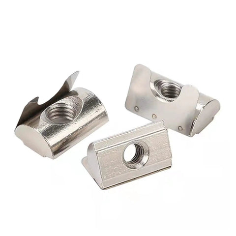M6 Spring T Nuts For 2020 Series Aluminum Extrusion With Rolling Cam Slide Lock Nut Nickel Plated Carbon Steel fasteners, three views.