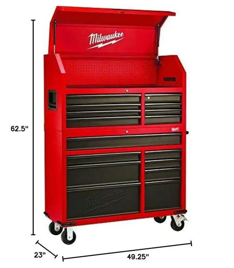 Heavy Duty 16 Drawer Tool Chest And Rolling Cabinet Set 46 Inch Red Black Workshop Storage with secure locks and solid steel construction.