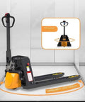 Rock Hard 4400 Lb Capacity Electric Pallet Jack With Fast Lithium Battery Walkie Truck for tight spaces, showcasing turning radius.