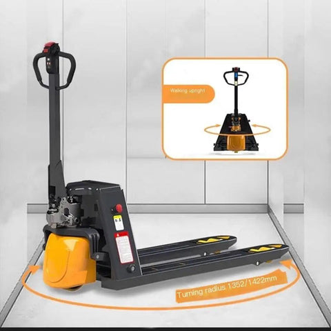 Hot Pick Heavy Duty Electric Pallet Jack With Lithium Battery 4400 Lb Capacity Walkie Truck upright in elevator with turning radius info.
