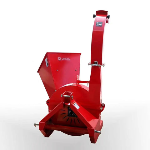 Red PTO Wood Chipper 3 Point Shredder Mulcher Tractor Attachment with hardened steel blades and blower paddles for farm equipment.