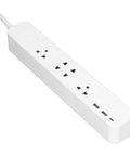 Kickass Smart Power Strip Featuring Four AC Outlets USBC Fast Charger BLE Remote Switch Voice Control Sync And No Hassle App Management For Home Office Gear, white power strip with four AC outlets and two USB ports.