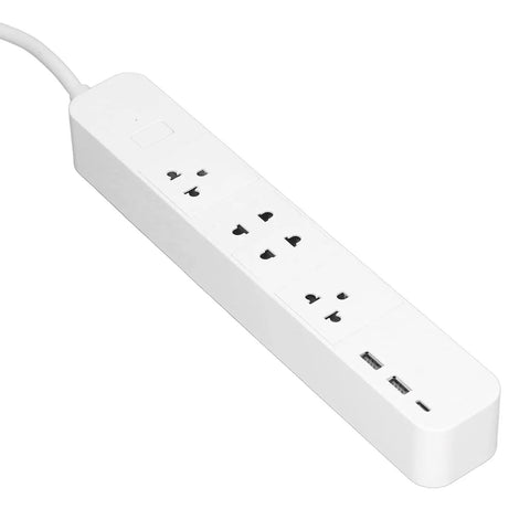 Kickass Smart Power Strip Featuring Four AC Outlets USBC Fast Charger BLE Remote Switch Voice Control Sync And No Hassle App Management For Home Office Gear, white power strip with four AC outlets and two USB ports.