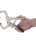 Fast Release Welding Pliers With Swivel Pads 11 Inch Locking Pliers C Clamp held by a hand showcasing ergonomic grip and wide jaws