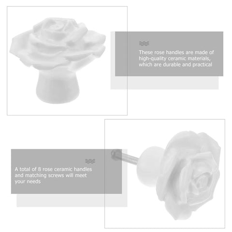 White Ceramic Rose Flower Cabinet Pull Handles With Screws, 8 Pack, showcasing elegant rose design.