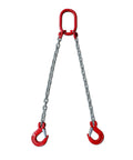 Beefy 2 Ton Grade 80 Alloy Steel Chain Sling 5 Ft Long 2 Leg with sling hooks for heavy lifting and hoist applications, galvanized and welded.