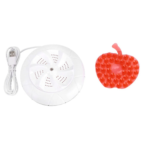 Mini Portable Washing Machine With Dual Hydro Turbine And Ultrasonic Vibration To Kick Mud And Grime Smooth Smart Reverse Spin Cycle Zero Hustle Compact Laundry Setup In Pure White with USB cable and apple-shaped silicone scrubber.