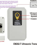EM282-T Ultrasonic Transmitter front view, white plastic enclosure with Power LED and label