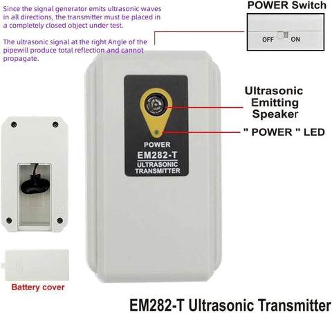EM282-T Ultrasonic Transmitter front view, white plastic enclosure with Power LED and label