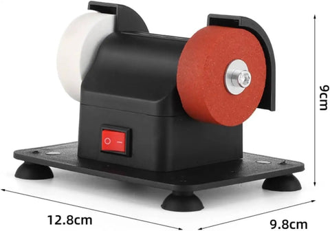 Compact Bench Top Grinder With Rock Solid Base Dual Sharpening Wheels showing white and red grinding wheels on a black frame.