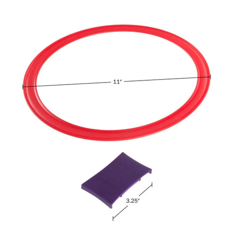 Hopscotch Rings Game Kit with ten 11 inch plastic rings and fifteen connectors for indoor and outdoor fun, red ring and purple connector
