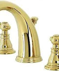Duchess Widespread Bathroom Faucet In Polished Brass With Plastic Pop Up Drain Boss Grade Solid Brass Construction Duraseal Washerless Cartridge 8 To 16 Inch Spread 3 Hole Deck Mount 1.2 GPM At 60 PSI, shown front view on white background.