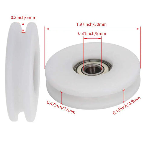 2 Pack White Nylon U Groove Pulley Wheels With 8mm Bore Heavy Duty Rail Tracks Silent Slider Rollers, 50mm width, 12mm deep.