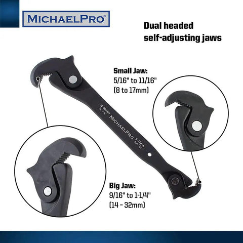 Dual Action Auto Size Adjusting Wrench With Self Adjusting Quick Jaw And Dual Heads From Five Sixteenth Inch To One And One Quarter Inch Eight To Thirty Two Millimeter, Spring Loaded, All In One Handy Tool showing both jaws